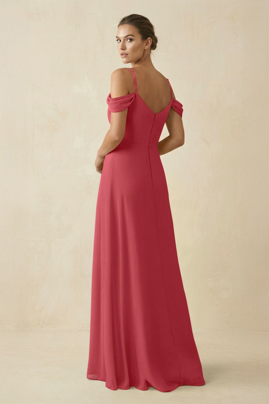 Off - the - Shoulder A - Line Pleated Chiffon Bridesmaid Gown in Merlot - SHE IS ME Bridesmaid Dresses