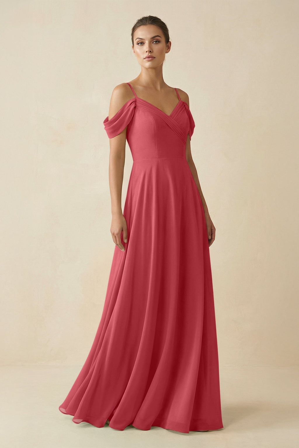 Off - the - Shoulder A - Line Pleated Chiffon Bridesmaid Gown in Merlot - SHE IS ME Bridesmaid Dresses