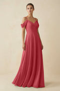 Off - the - Shoulder A - Line Pleated Chiffon Bridesmaid Gown in Merlot - SHE IS ME Bridesmaid Dresses