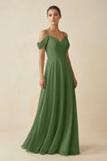 Off - the - Shoulder A - Line Pleated Chiffon Bridesmaid Gown in Moss - SHE IS ME Bridesmaid Dresses