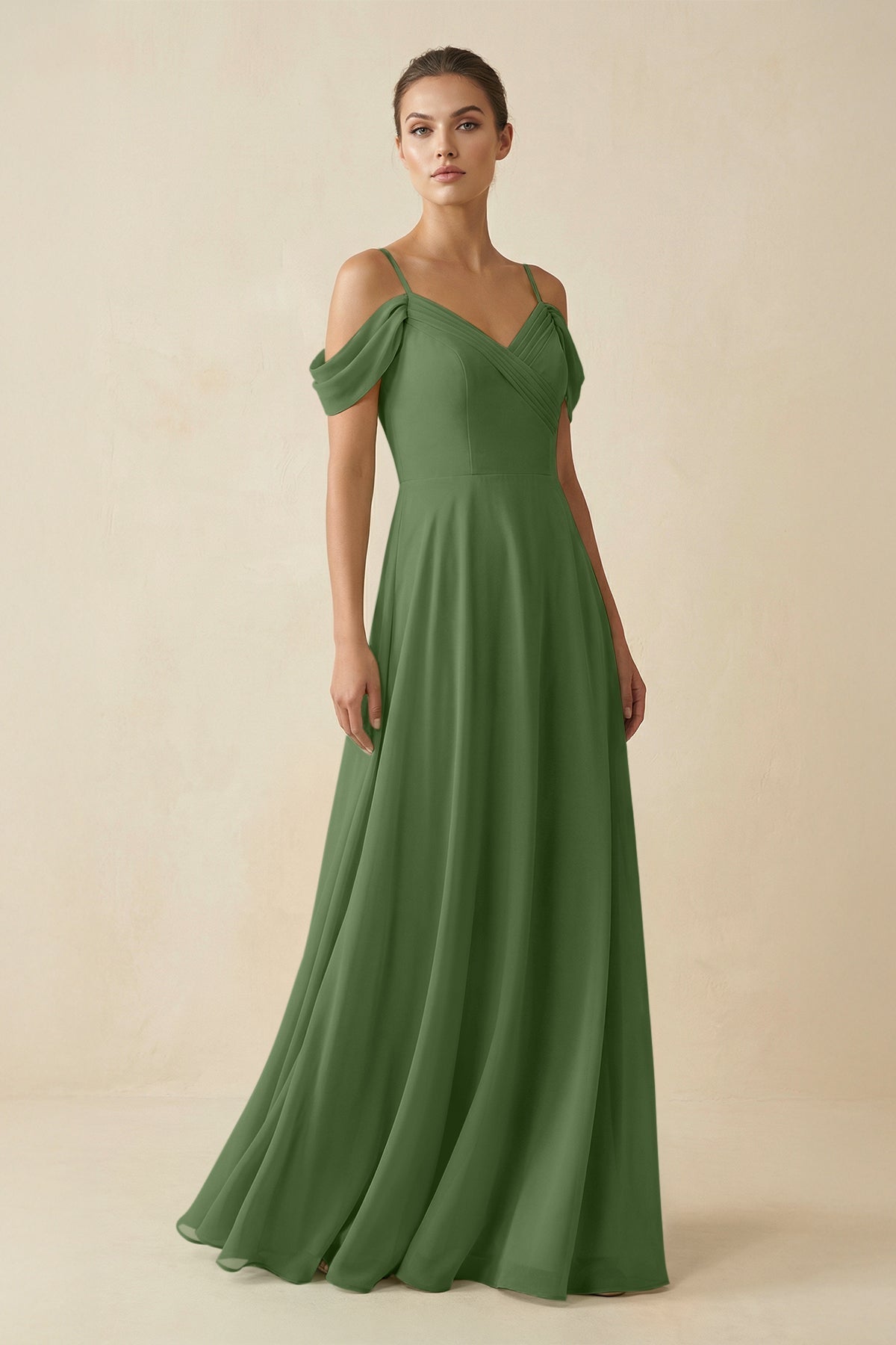 Off - the - Shoulder A - Line Pleated Chiffon Bridesmaid Gown in Moss - SHE IS ME Bridesmaid Dresses