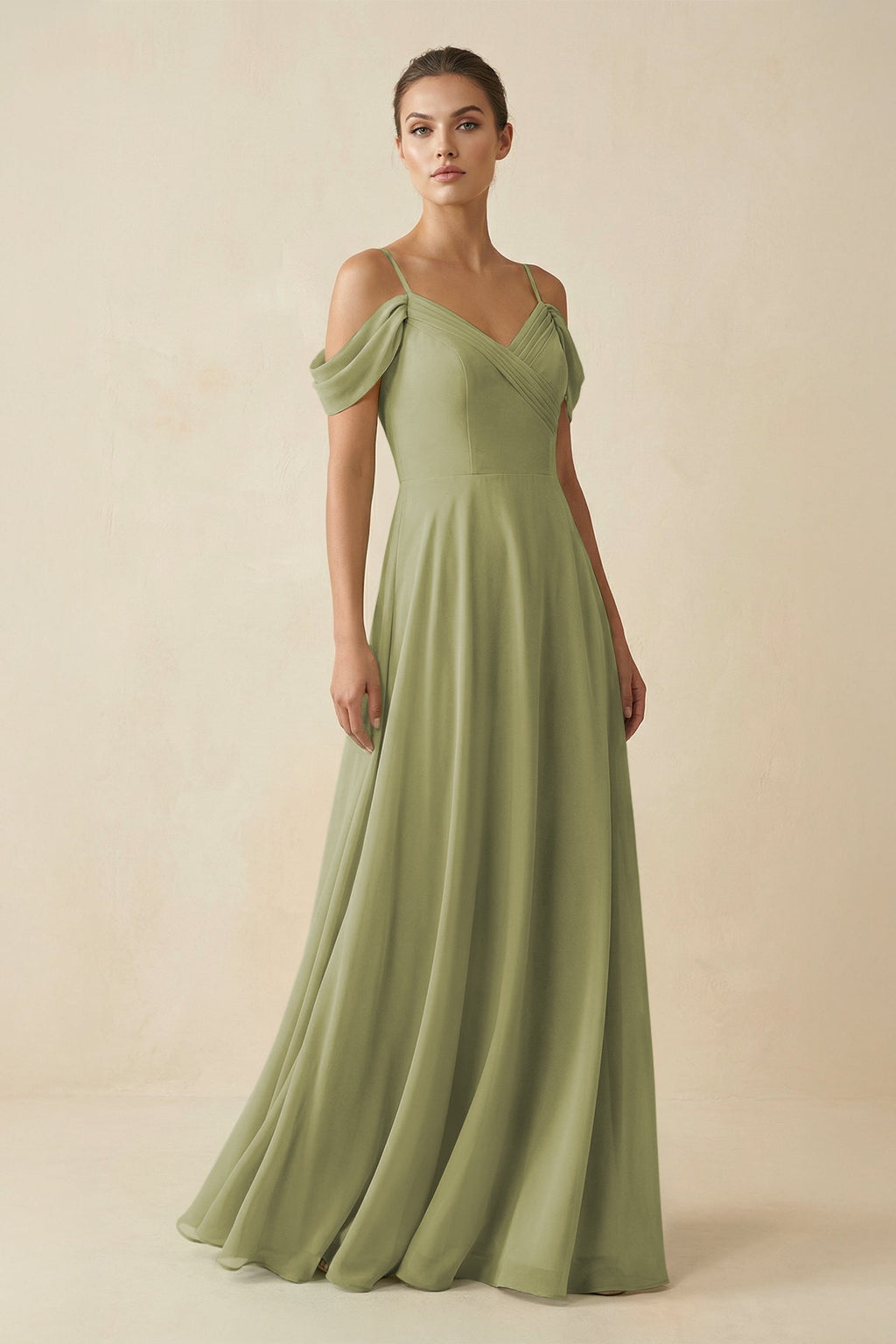 Off - the - Shoulder A - Line Pleated Chiffon Bridesmaid Gown in Moss Green - SHE IS ME Bridesmaid Dresses