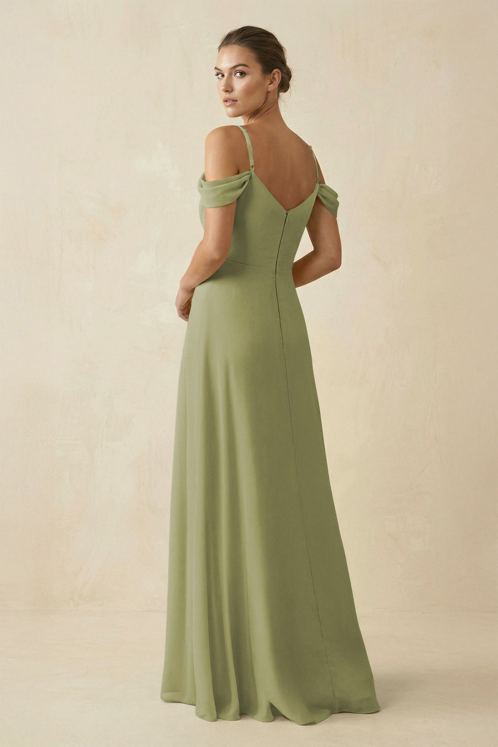Off - the - Shoulder A - Line Pleated Chiffon Bridesmaid Gown in Moss Green - SHE IS ME Bridesmaid Dresses