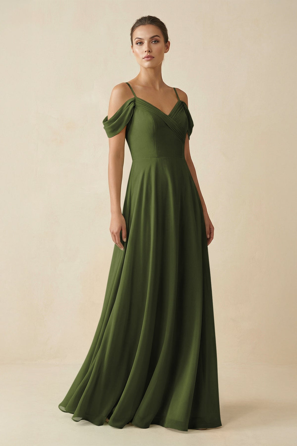 Off - the - Shoulder A - Line Pleated Chiffon Bridesmaid Gown in Olive - SHE IS ME Bridesmaid Dresses