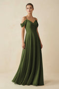 Off - the - Shoulder A - Line Pleated Chiffon Bridesmaid Gown in Olive - SHE IS ME Bridesmaid Dresses