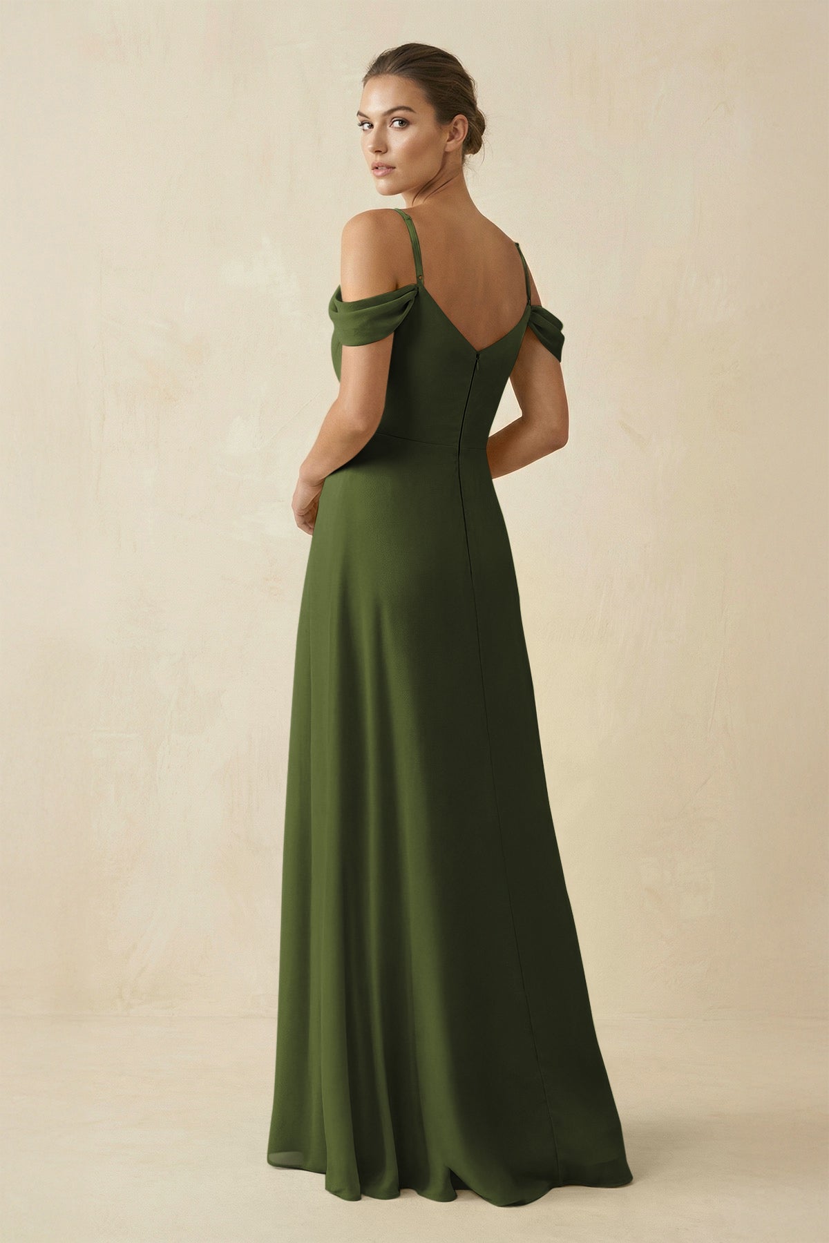 Off - the - Shoulder A - Line Pleated Chiffon Bridesmaid Gown in Olive - SHE IS ME Bridesmaid Dresses