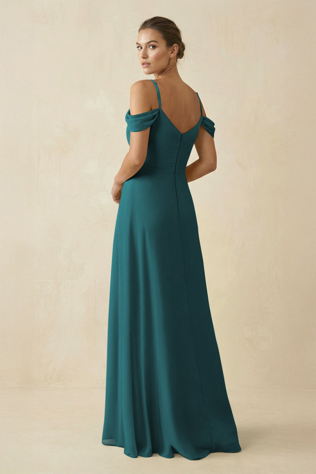 Off - the - Shoulder A - Line Pleated Chiffon Bridesmaid Gown in Pine - SHE IS ME Bridesmaid Dresses