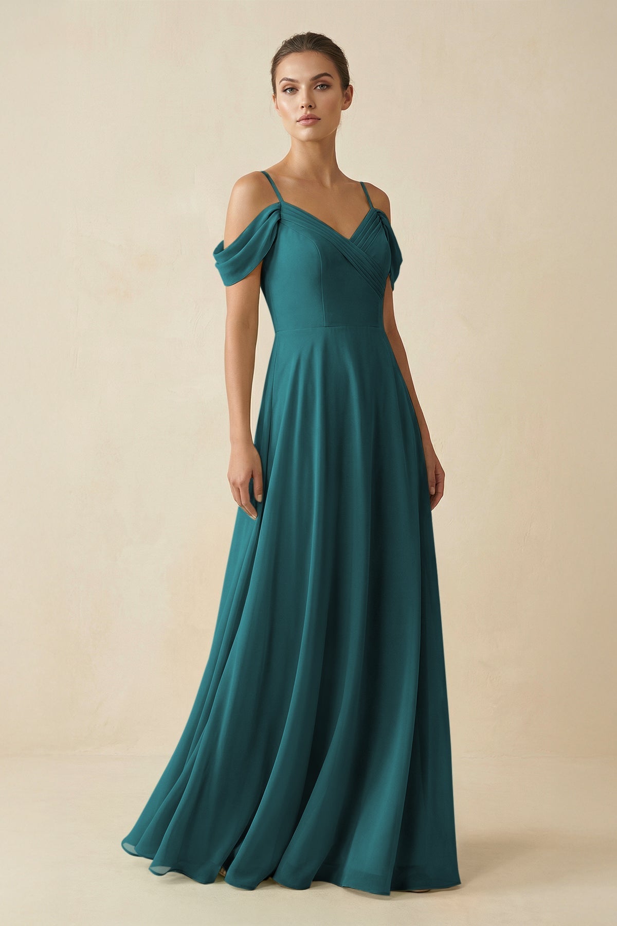 Off - the - Shoulder A - Line Pleated Chiffon Bridesmaid Gown in Pine - SHE IS ME Bridesmaid Dresses
