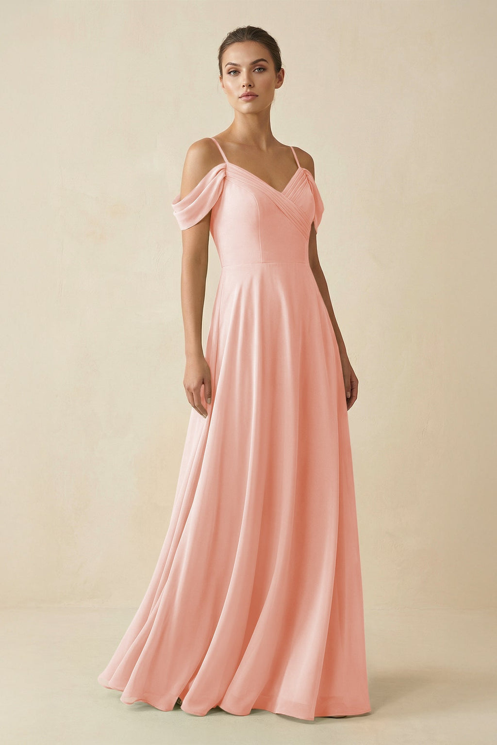 Off - the - Shoulder A - Line Pleated Chiffon Bridesmaid Gown in Rose Petal - SHE IS ME Bridesmaid Dresses