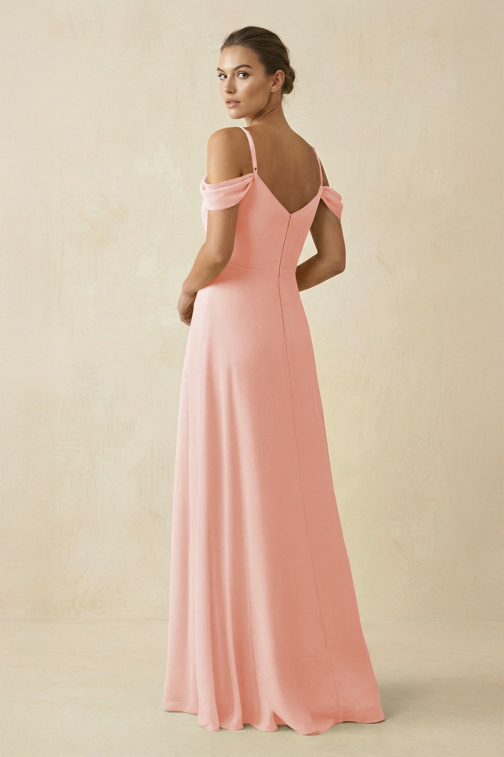 Off - the - Shoulder A - Line Pleated Chiffon Bridesmaid Gown in Rose Petal - SHE IS ME Bridesmaid Dresses
