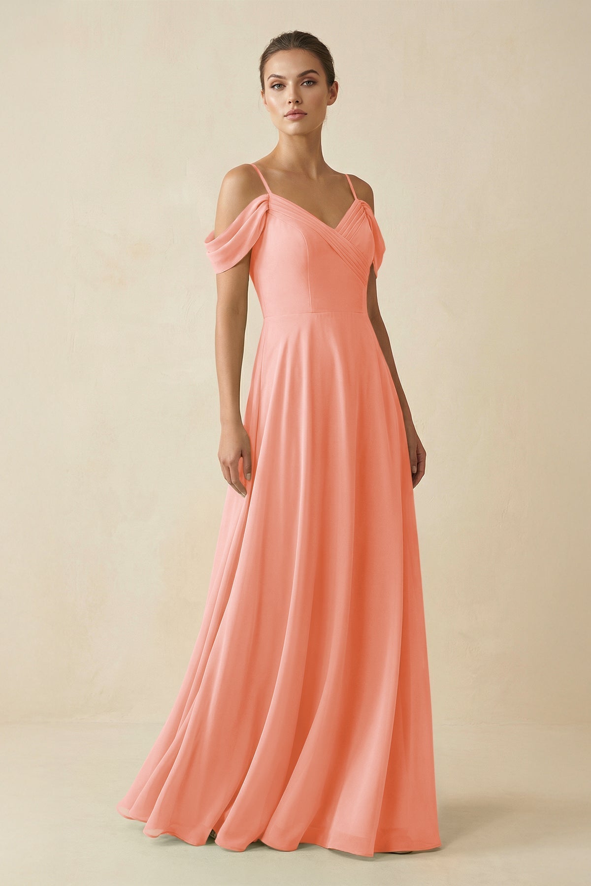 Off - the - Shoulder A - Line Pleated Chiffon Bridesmaid Gown in Rosette - SHE IS ME Bridesmaid Dresses