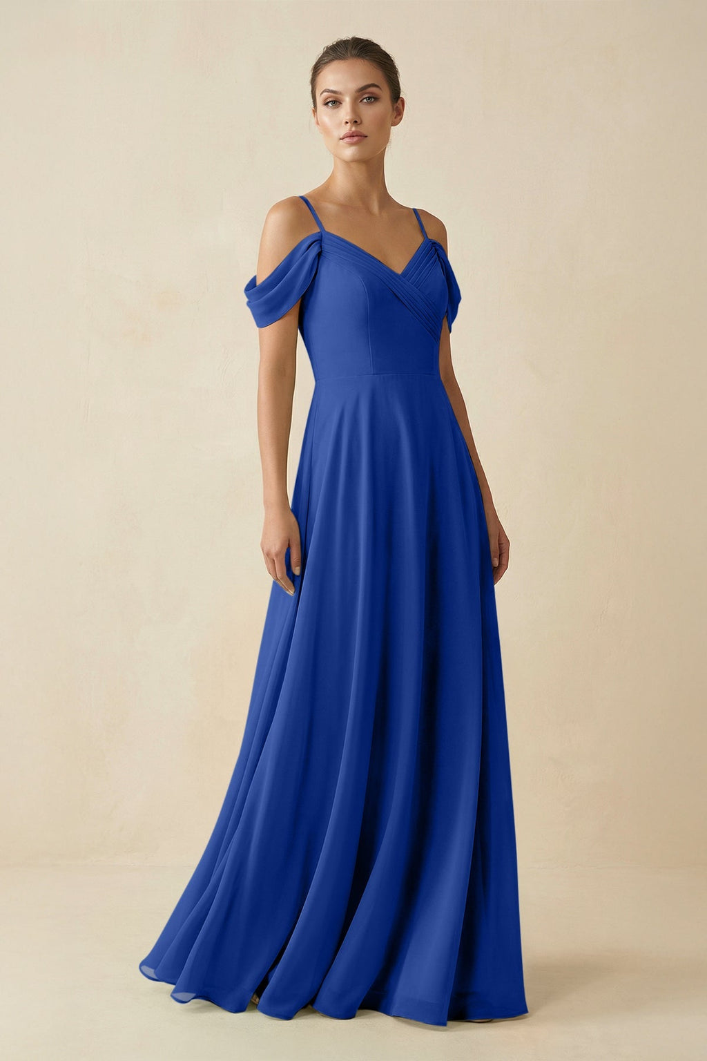 Off - the - Shoulder A - Line Pleated Chiffon Bridesmaid Gown in Royal Blue - SHE IS ME Bridesmaid Dresses