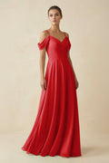 Off - the - Shoulder A - Line Pleated Chiffon Bridesmaid Gown in Ruby Red - SHE IS ME Bridesmaid Dresses