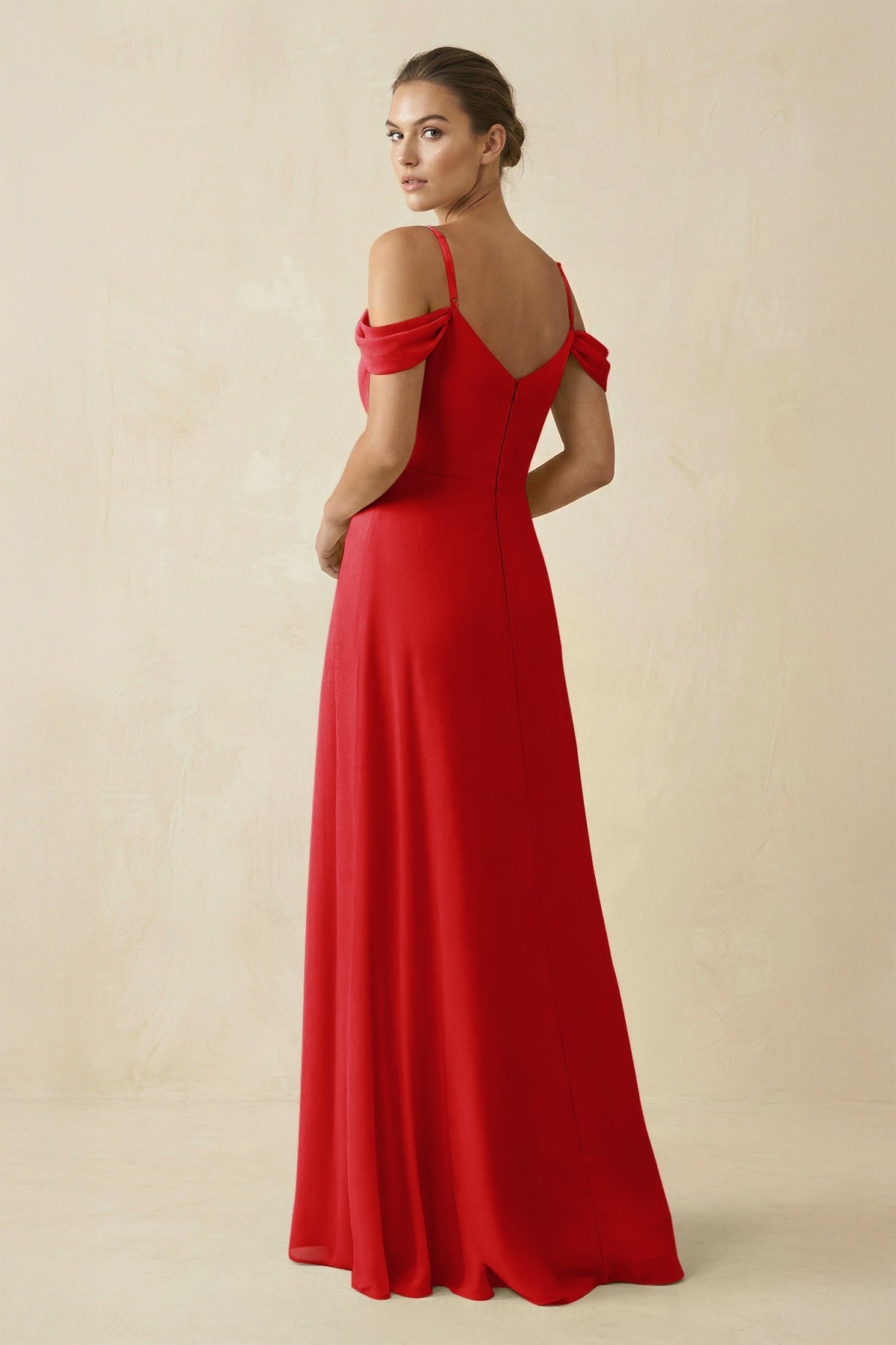 Off - the - Shoulder A - Line Pleated Chiffon Bridesmaid Gown in Ruby Red - SHE IS ME Bridesmaid Dresses