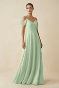 Off - the - Shoulder A - Line Pleated Chiffon Bridesmaid Gown in Sage - SHE IS ME Bridesmaid Dresses