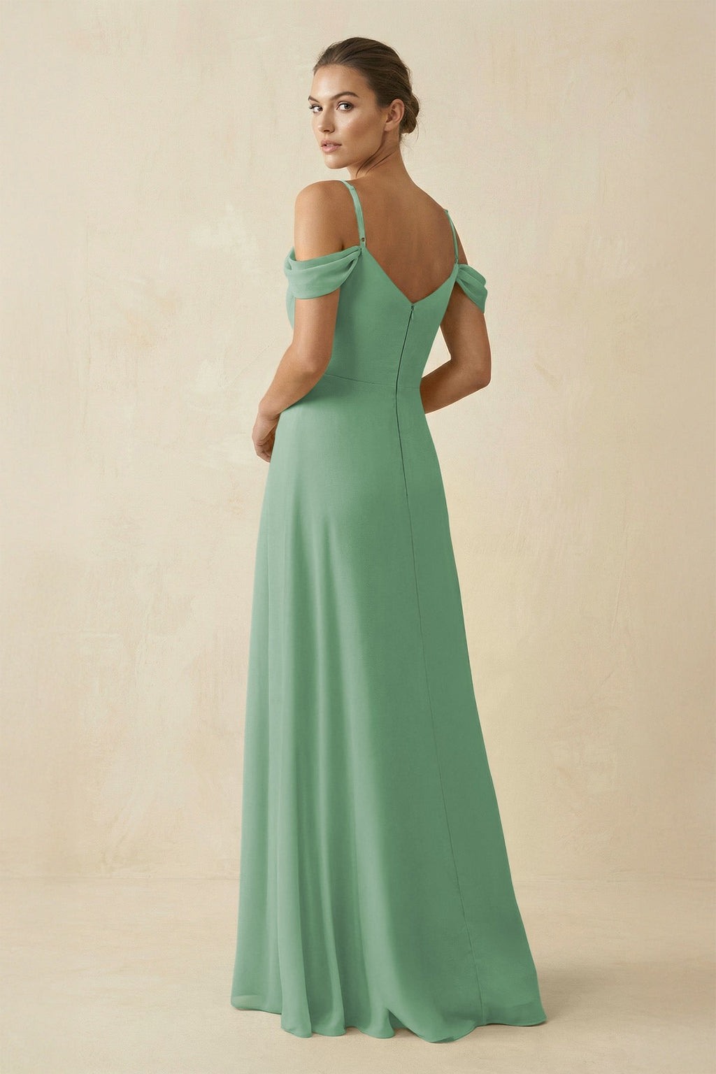 Off - the - Shoulder A - Line Pleated Chiffon Bridesmaid Gown in Sea Glass - SHE IS ME Bridesmaid Dresses