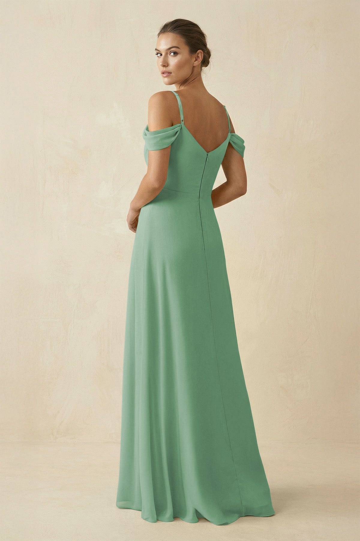 Off - the - Shoulder A - Line Pleated Chiffon Bridesmaid Gown in Sea Glass - SHE IS ME Bridesmaid Dresses