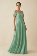 Off - the - Shoulder A - Line Pleated Chiffon Bridesmaid Gown in Sea Glass - SHE IS ME Bridesmaid Dresses