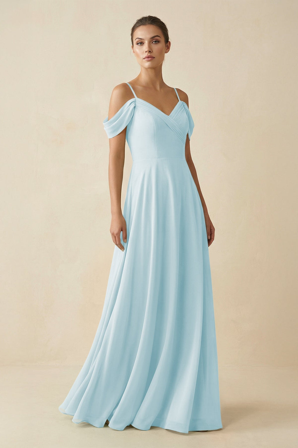 Off - the - Shoulder A - Line Pleated Chiffon Bridesmaid Gown in Sky Blue - SHE IS ME Bridesmaid Dresses