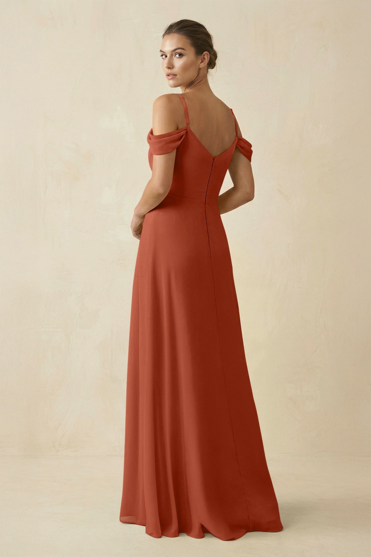 Off - the - Shoulder A - Line Pleated Chiffon Bridesmaid Gown in Spice - SHE IS ME Bridesmaid Dresses