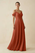 Off - the - Shoulder A - Line Pleated Chiffon Bridesmaid Gown in Spice - SHE IS ME Bridesmaid Dresses