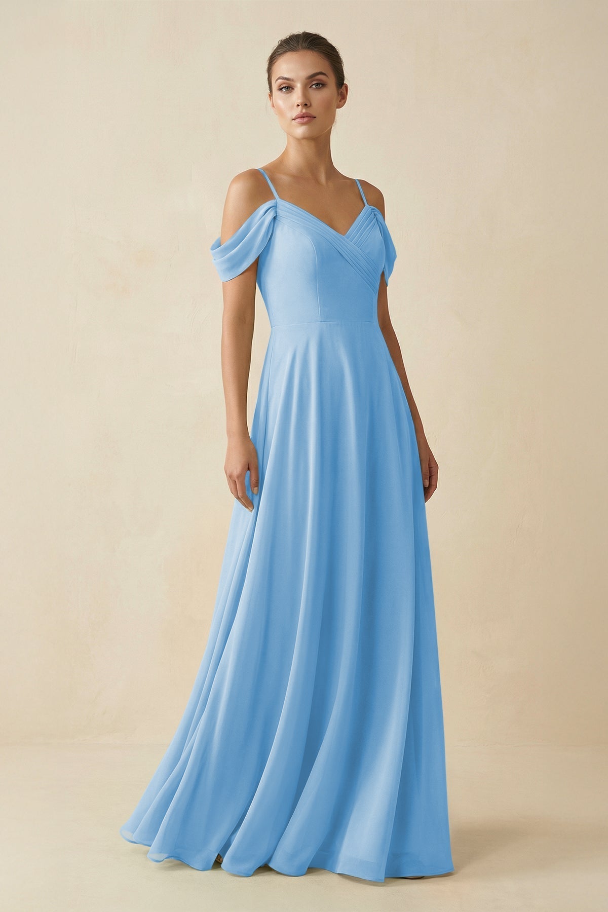 Off - the - Shoulder A - Line Pleated Chiffon Bridesmaid Gown in Steel Blue - SHE IS ME Bridesmaid Dresses