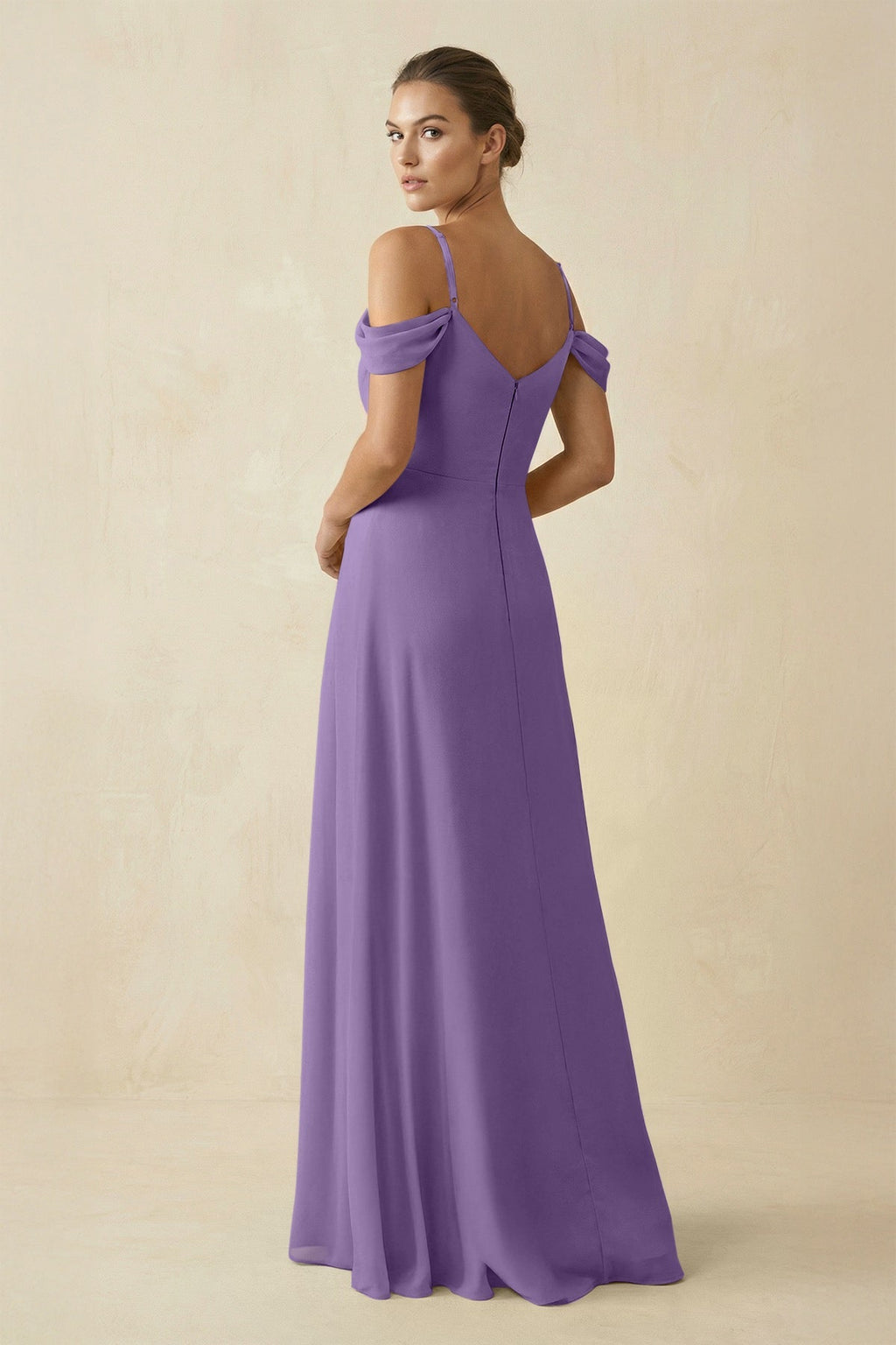 Off - the - Shoulder A - Line Pleated Chiffon Bridesmaid Gown in Tahiti - SHE IS ME Bridesmaid Dresses