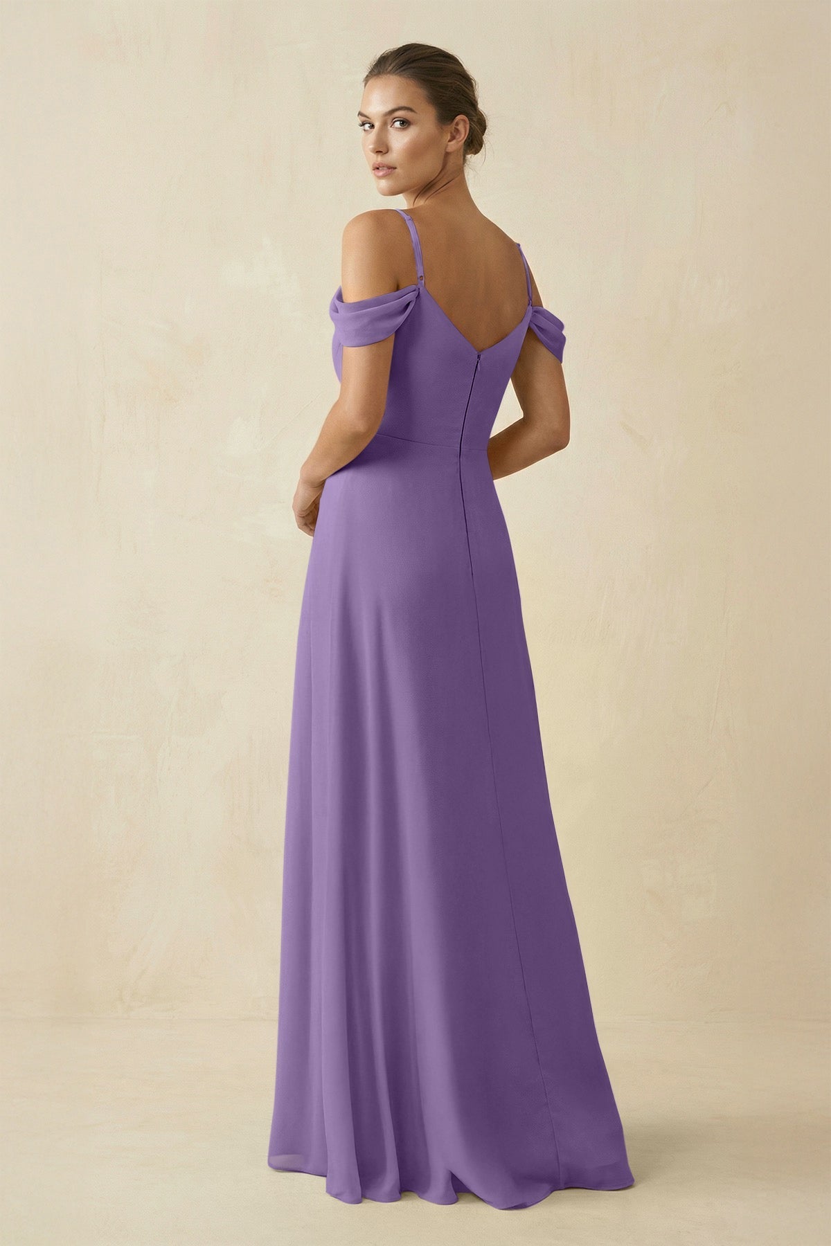 Off - the - Shoulder A - Line Pleated Chiffon Bridesmaid Gown in Tahiti - SHE IS ME Bridesmaid Dresses