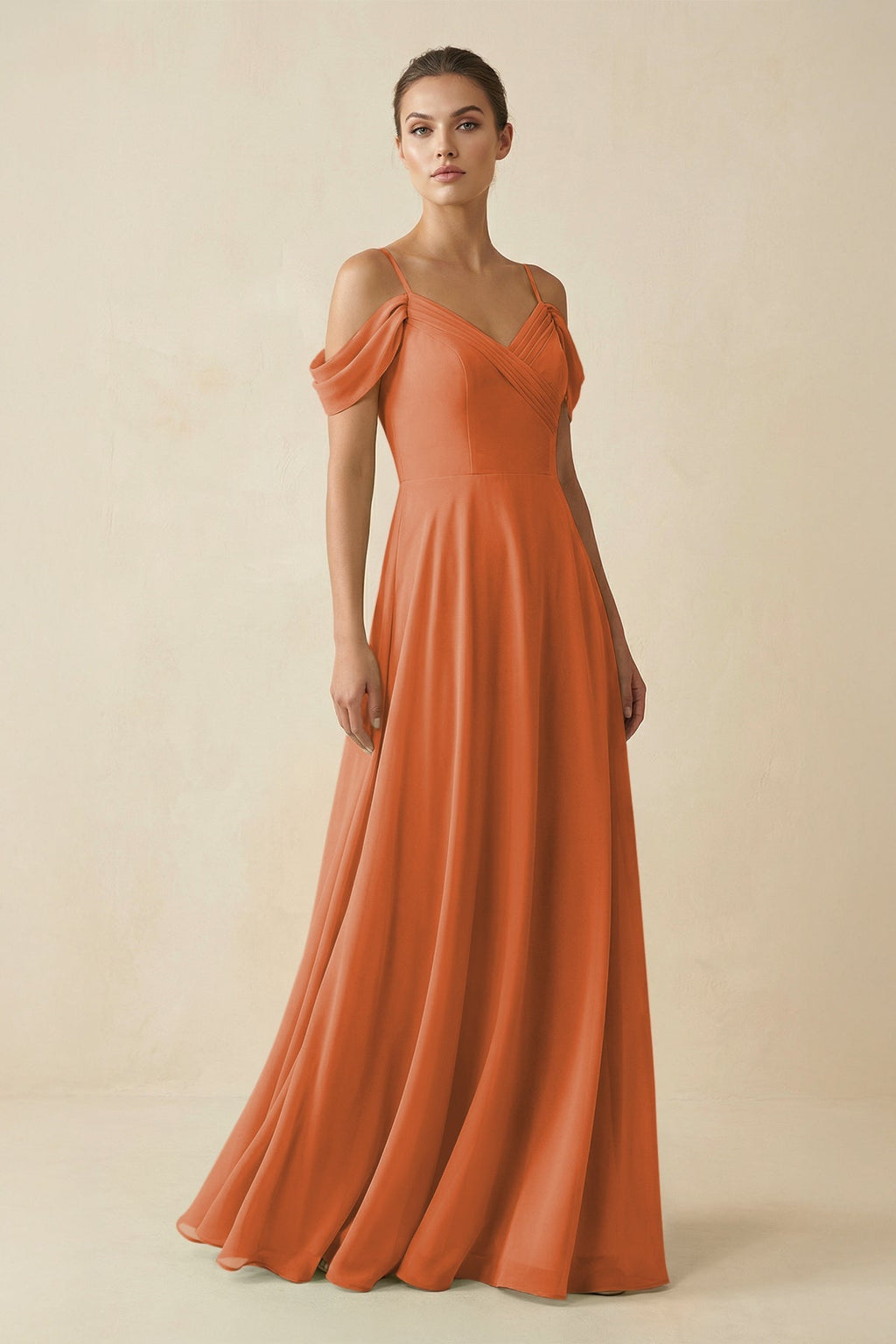 Off - the - Shoulder A - Line Pleated Chiffon Bridesmaid Gown in Terracotta - SHE IS ME Bridesmaid Dresses