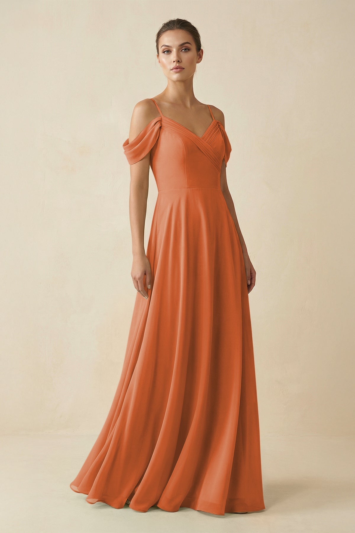 Off - the - Shoulder A - Line Pleated Chiffon Bridesmaid Gown in Terracotta - SHE IS ME Bridesmaid Dresses