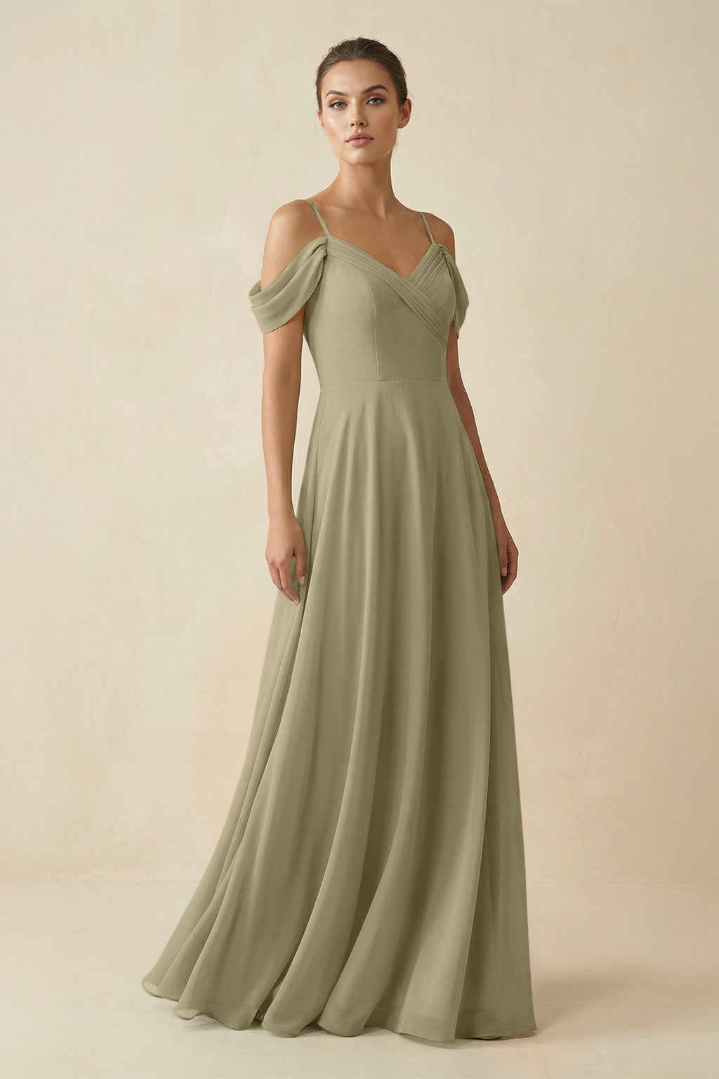 Off - the - Shoulder A - Line Pleated Chiffon Bridesmaid Gown in Thyme - SHE IS ME Bridesmaid Dresses