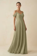 Off - the - Shoulder A - Line Pleated Chiffon Bridesmaid Gown in Thyme - SHE IS ME Bridesmaid Dresses