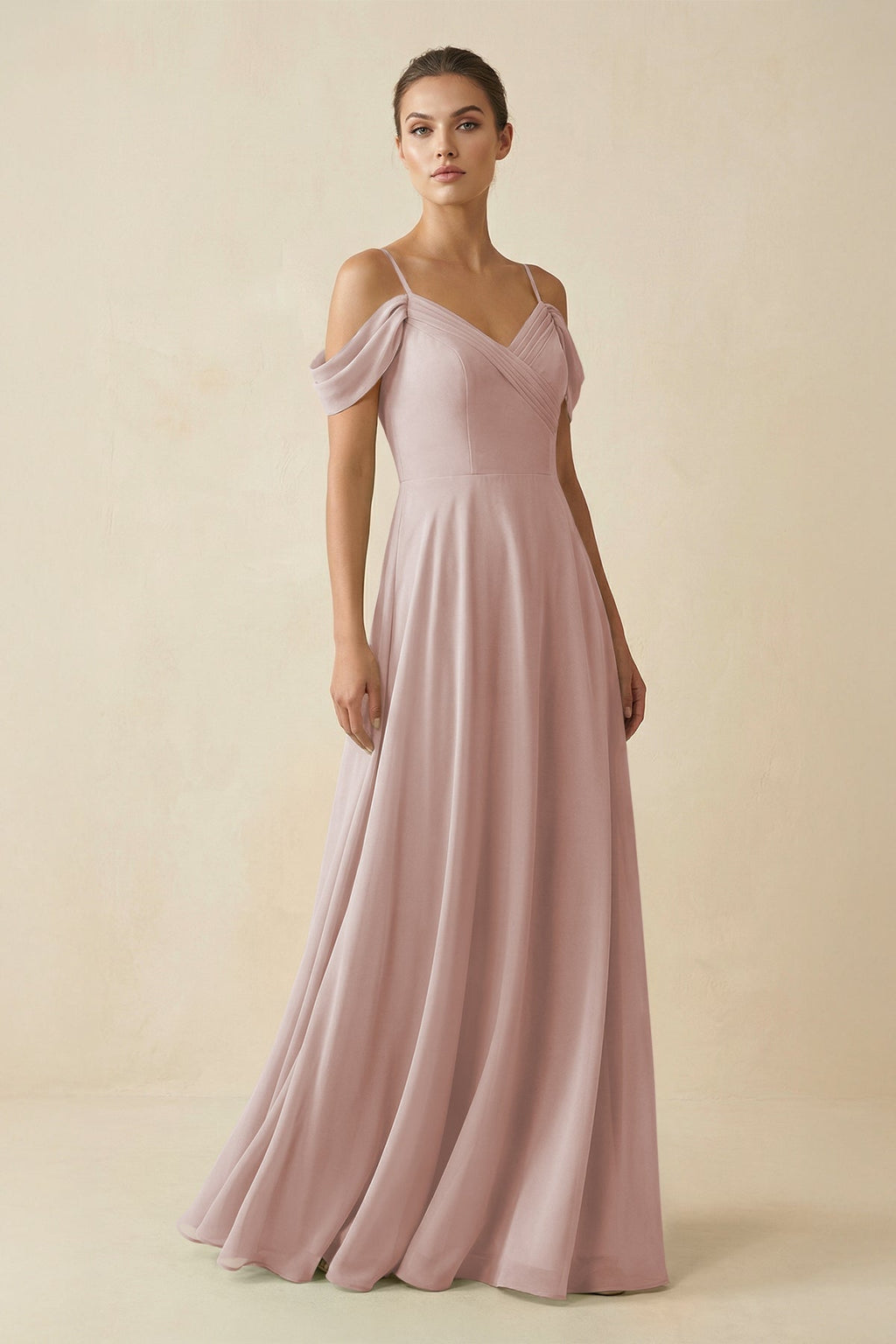 Off - the - Shoulder A - Line Pleated Chiffon Bridesmaid Gown in Toffee - SHE IS ME Bridesmaid Dresses