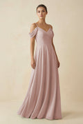 Off - the - Shoulder A - Line Pleated Chiffon Bridesmaid Gown in Toffee - SHE IS ME Bridesmaid Dresses