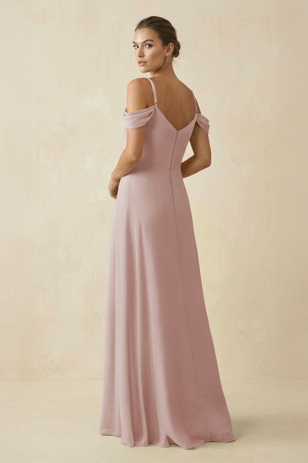 Off - the - Shoulder A - Line Pleated Chiffon Bridesmaid Gown in Toffee - SHE IS ME Bridesmaid Dresses
