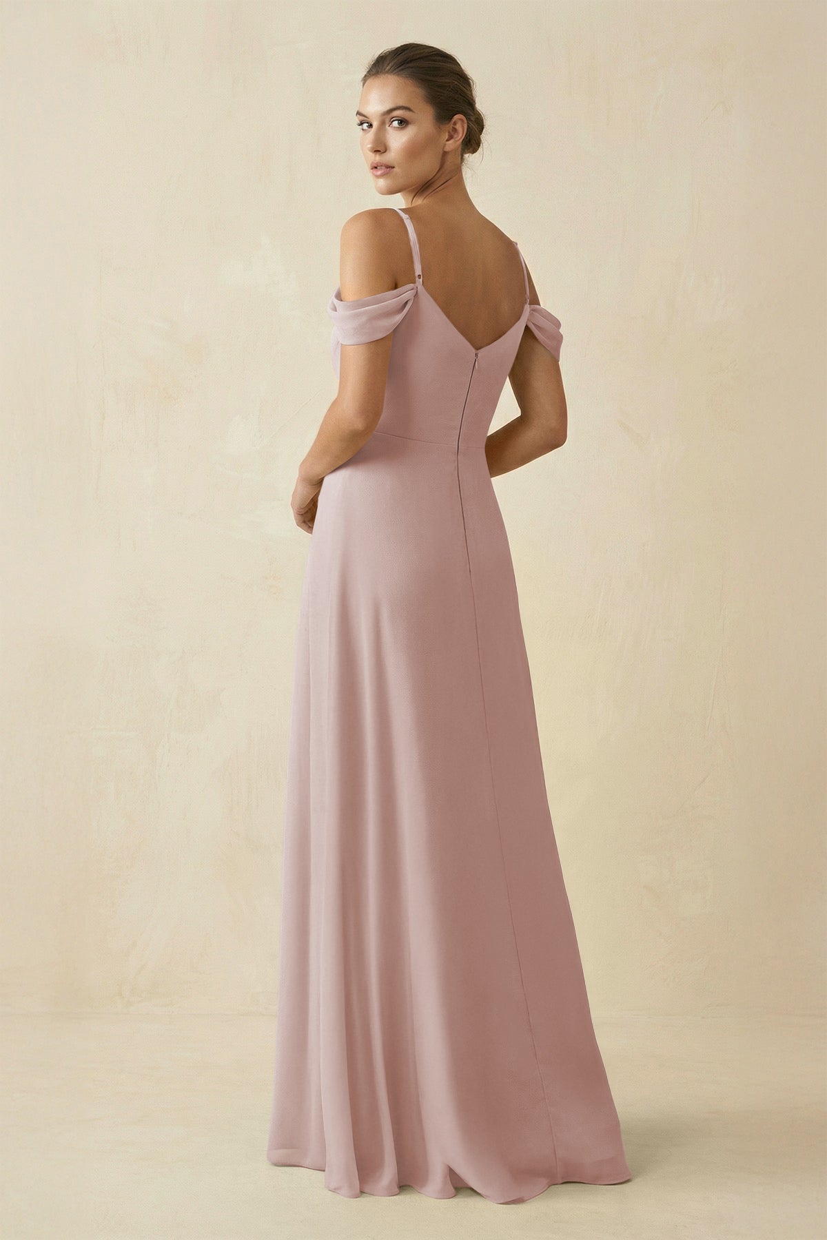 Off - the - Shoulder A - Line Pleated Chiffon Bridesmaid Gown in Toffee - SHE IS ME Bridesmaid Dresses