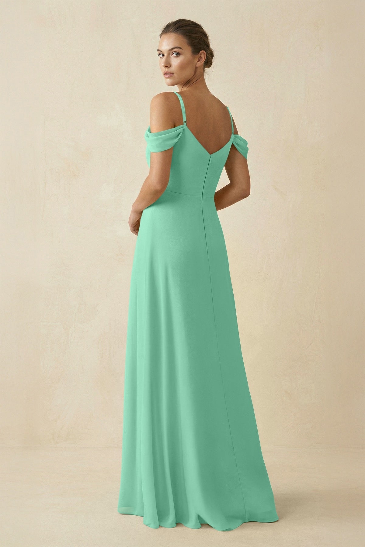Off - the - Shoulder A - Line Pleated Chiffon Bridesmaid Gown in Turquoise - SHE IS ME Bridesmaid Dresses