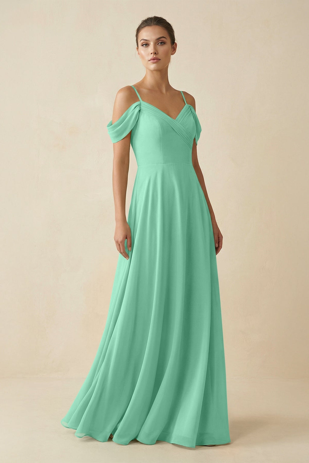 Off - the - Shoulder A - Line Pleated Chiffon Bridesmaid Gown in Turquoise - SHE IS ME Bridesmaid Dresses