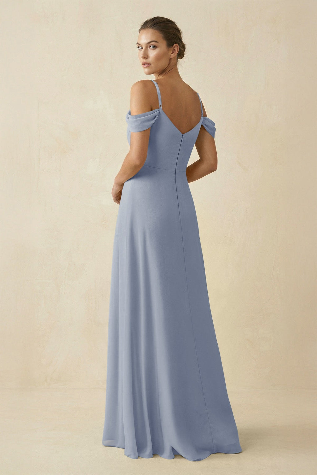 Off - the - Shoulder A - Line Pleated Chiffon Bridesmaid Gown in Twilight - SHE IS ME Bridesmaid Dresses