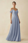 Off - the - Shoulder A - Line Pleated Chiffon Bridesmaid Gown in Twilight - SHE IS ME Bridesmaid Dresses
