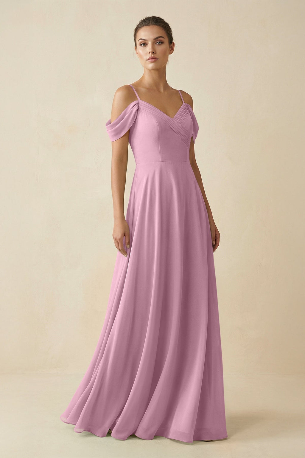 Off - the - Shoulder A - Line Pleated Chiffon Bridesmaid Gown in Vintage Mauve - SHE IS ME Bridesmaid Dresses