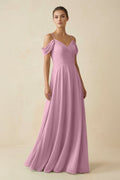 Off - the - Shoulder A - Line Pleated Chiffon Bridesmaid Gown in Vintage Mauve - SHE IS ME Bridesmaid Dresses