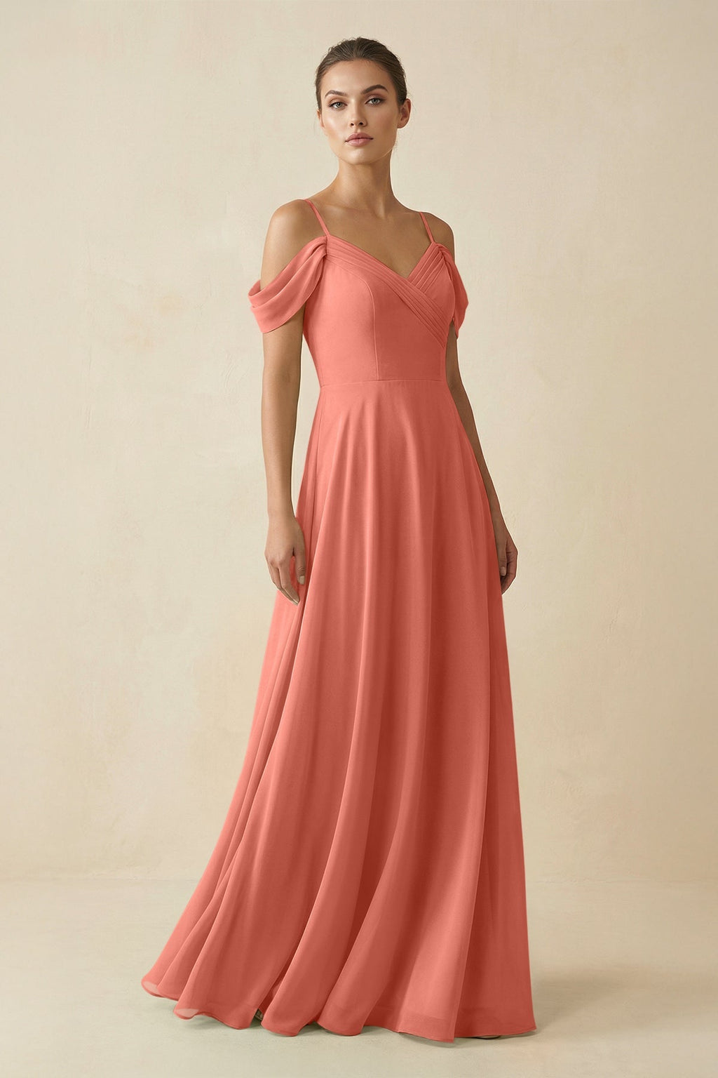 Off - the - Shoulder A - Line Pleated Chiffon Bridesmaid Gown in Wild Rose - SHE IS ME Bridesmaid Dresses