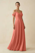 Off - the - Shoulder A - Line Pleated Chiffon Bridesmaid Gown in Wild Rose - SHE IS ME Bridesmaid Dresses