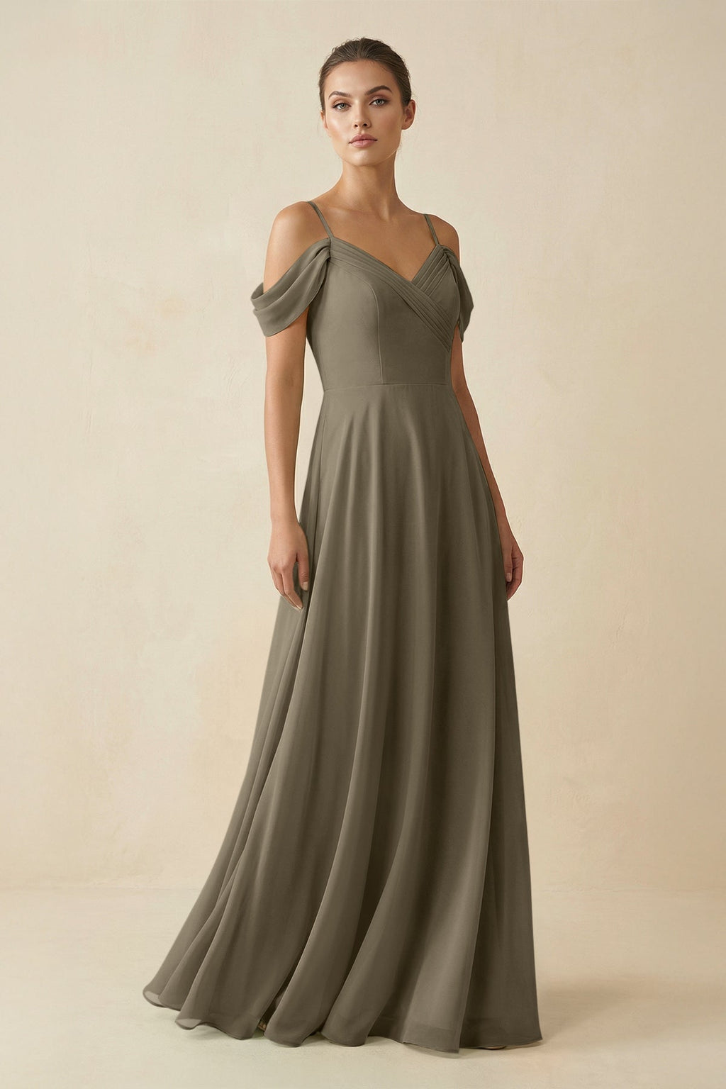Off - the - Shoulder A - Line Pleated Chiffon Bridesmaid Gown in Willow Green - SHE IS ME Bridesmaid Dresses