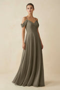Off - the - Shoulder A - Line Pleated Chiffon Bridesmaid Gown in Willow Green - SHE IS ME Bridesmaid Dresses