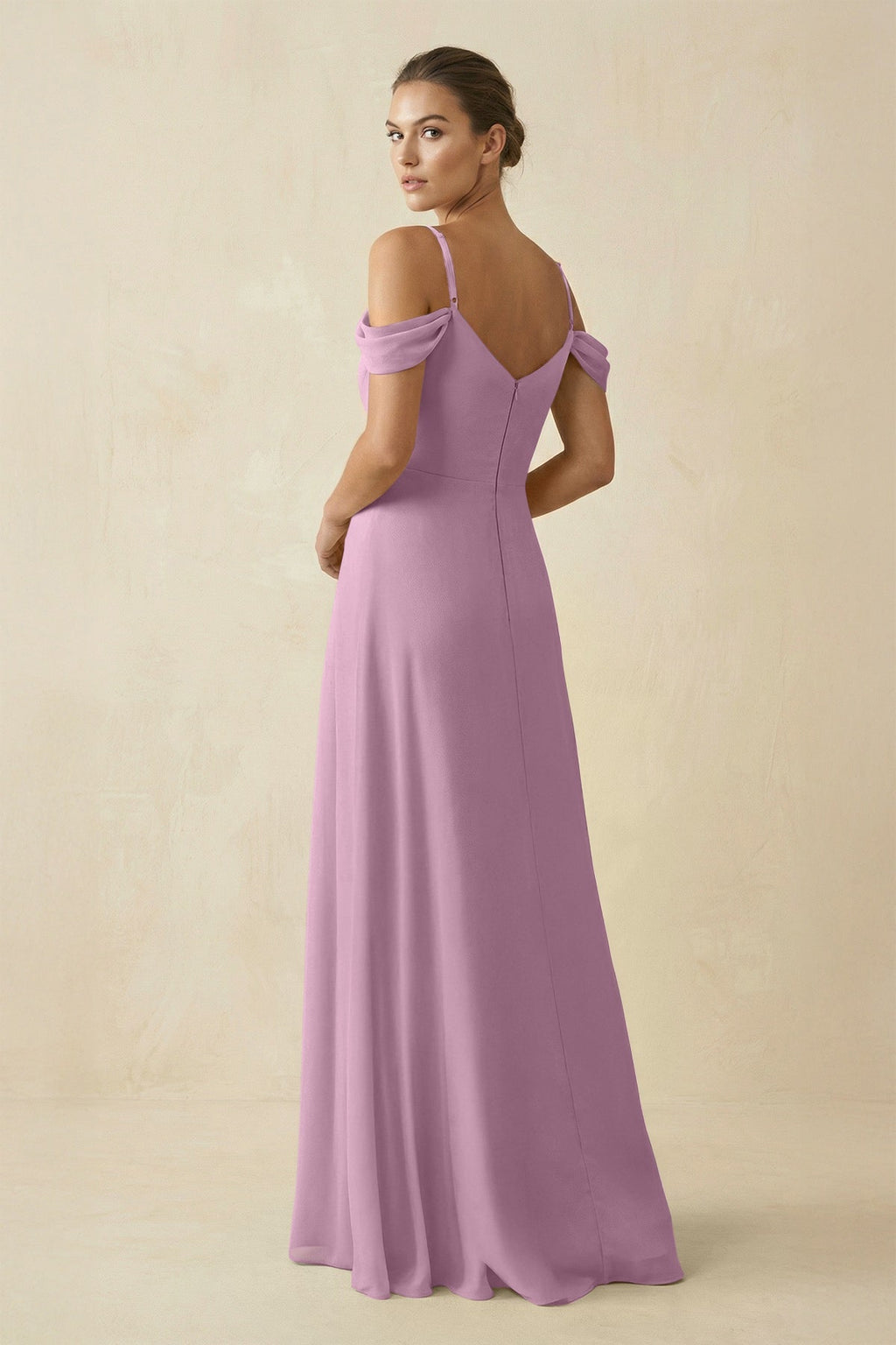 Off - the - Shoulder A - Line Pleated Chiffon Bridesmaid Gown in Wisteria - SHE IS ME Bridesmaid Dresses