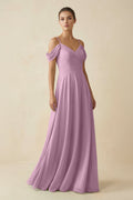 Off - the - Shoulder A - Line Pleated Chiffon Bridesmaid Gown in Wisteria - SHE IS ME Bridesmaid Dresses