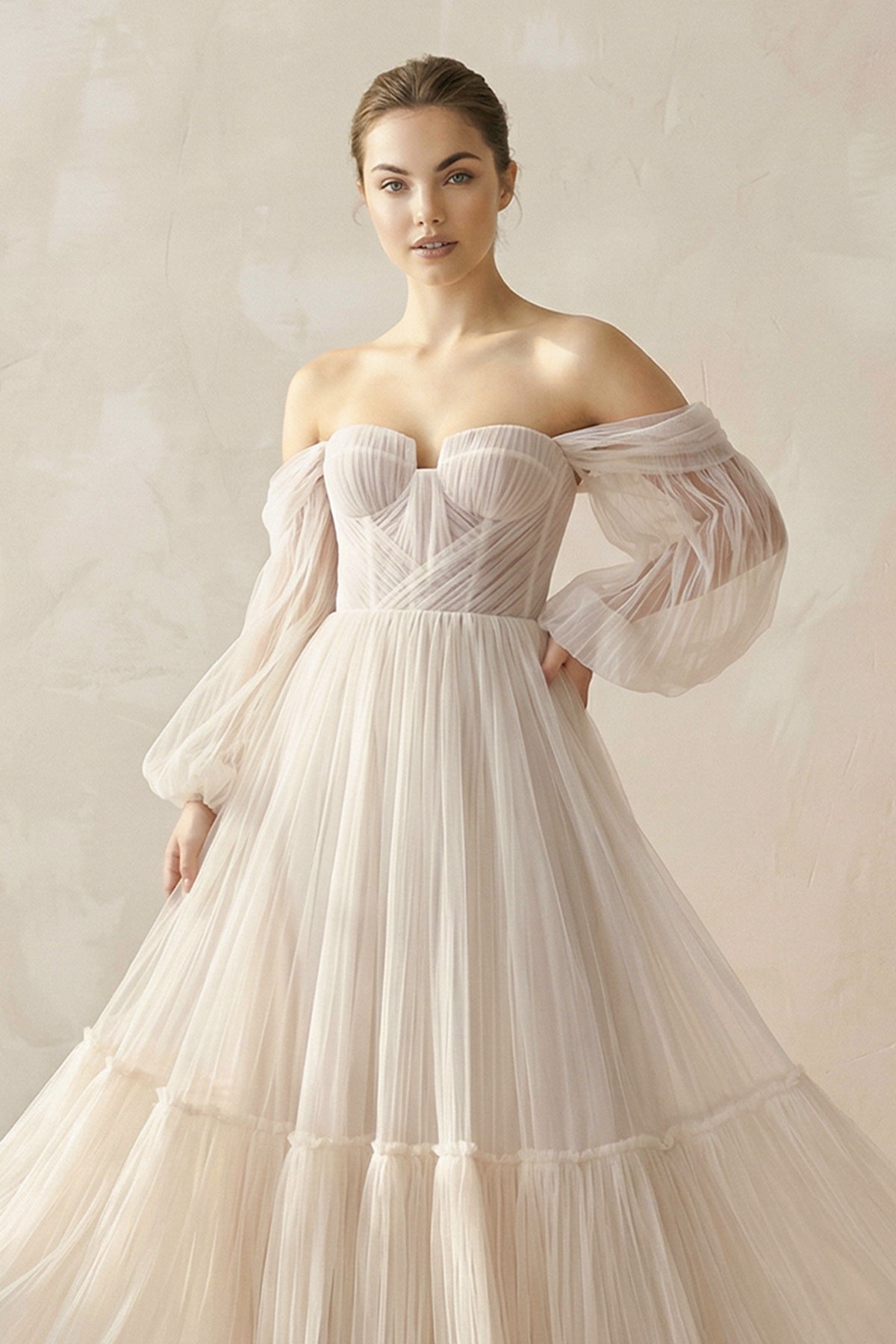 Off - the - Shoulder A - Line Ruffled Tulle Corset Wedding Dress in Champagne - SHE IS ME Wedding Dresses