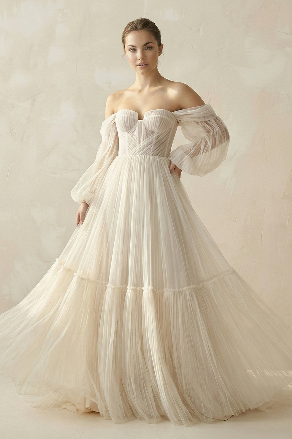 Off - the - Shoulder A - Line Ruffled Tulle Corset Wedding Dress in Champagne - SHE IS ME Wedding Dresses